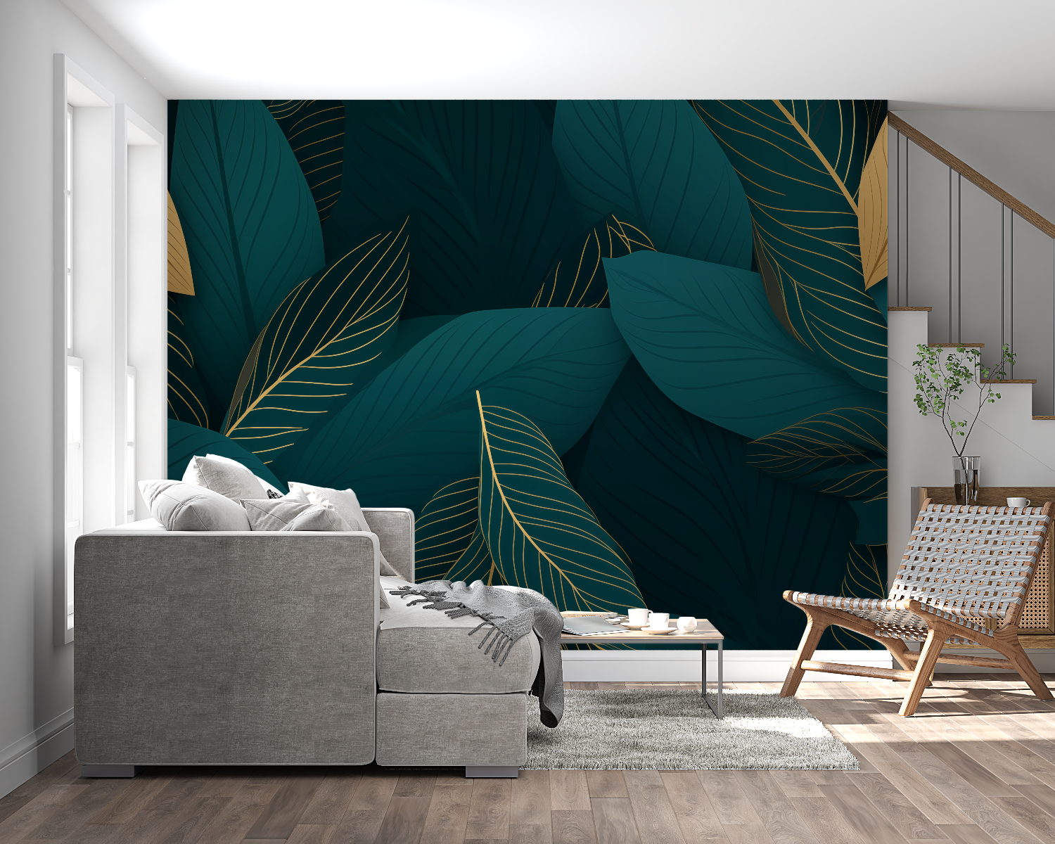 Emerald green and gold tropical mural in master bedroom