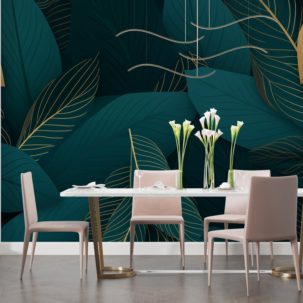 Emerald leaf mural with gold details in hotel lobby