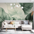 Tropical leaf wallpaper bringing fresh style to a modern living room with large banana leaves pattern