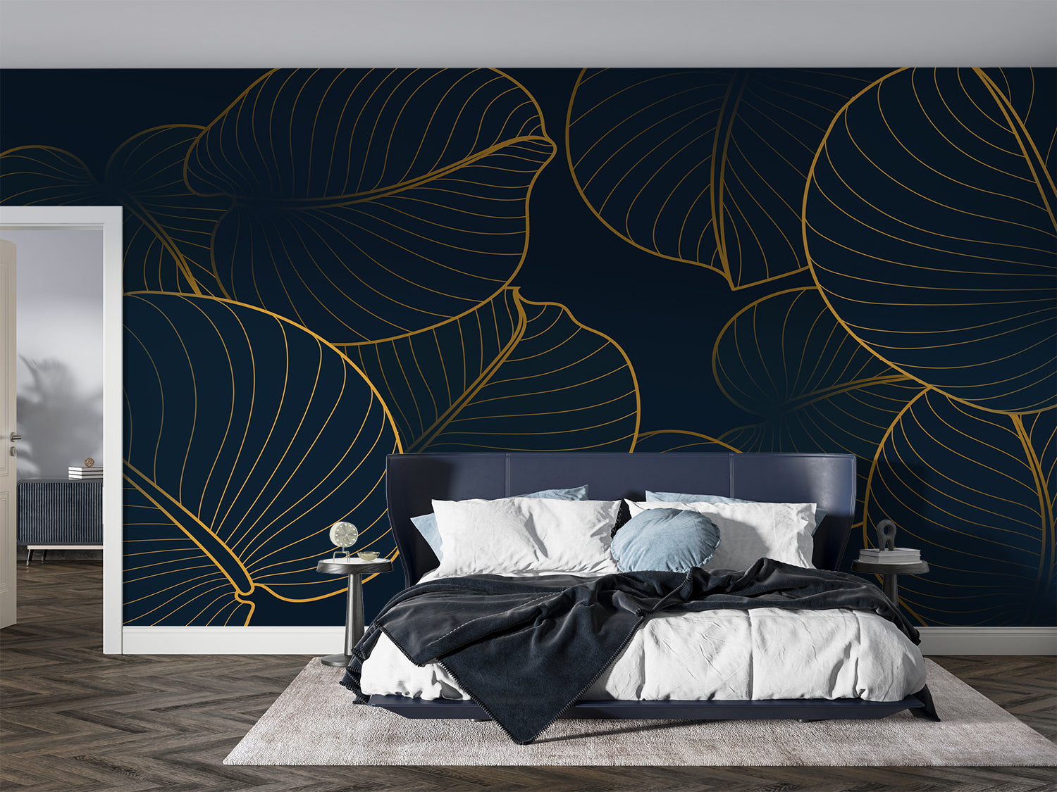 Art deco leaf pattern adding luxury to a master bedroom with gold accents