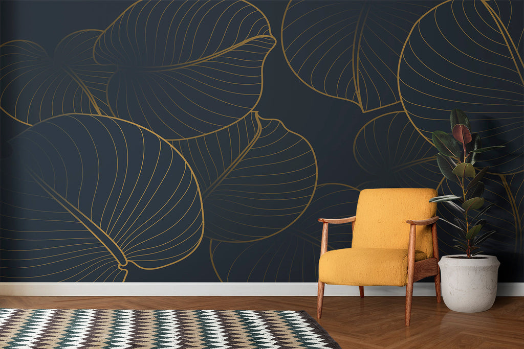 Gold leaf pattern on navy backdrop enhancing an entryway
