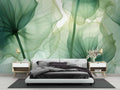 Tropical leaf wallpaper creating a calm atmosphere in a modern living room with natural light