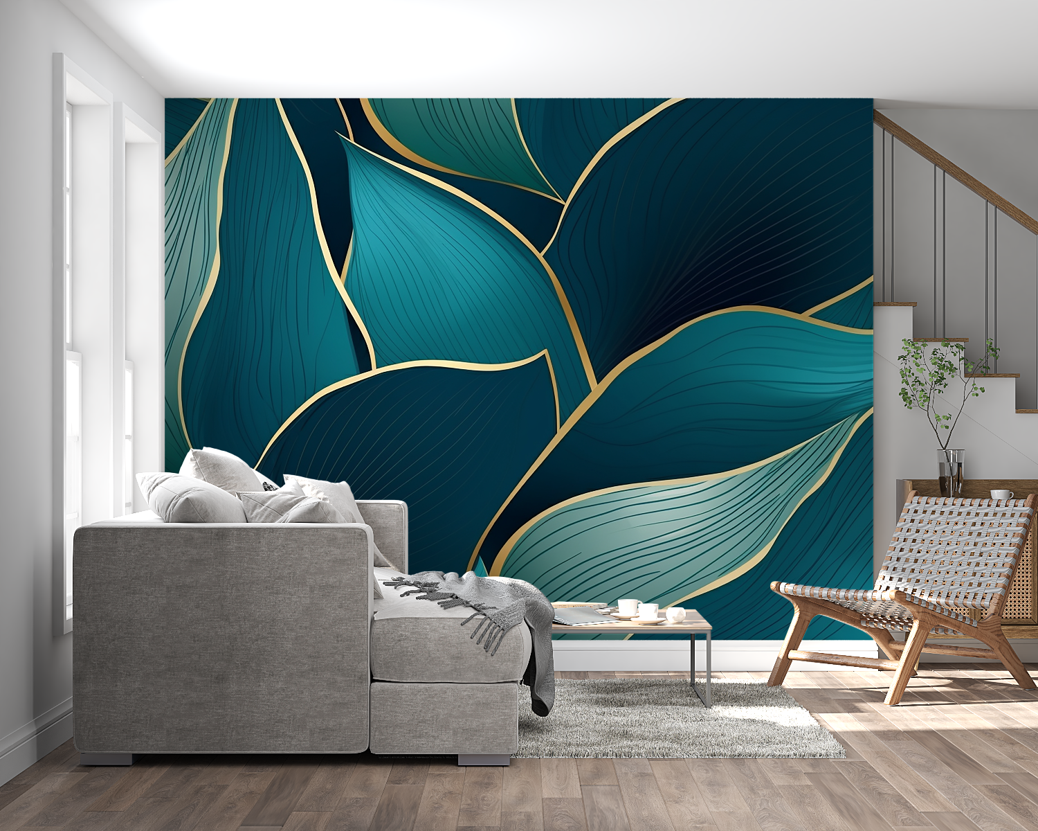 Statement wall with art deco leaf pattern in home office setting