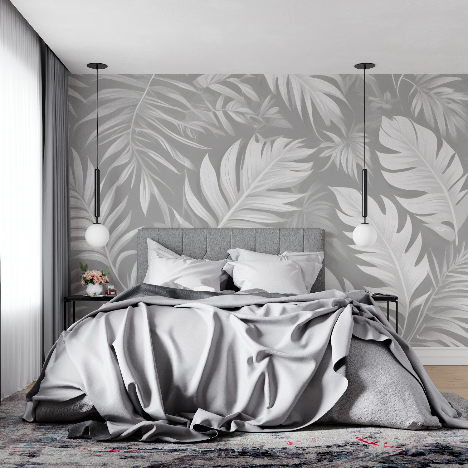 Grey and white botanical pattern in hallway creating depth