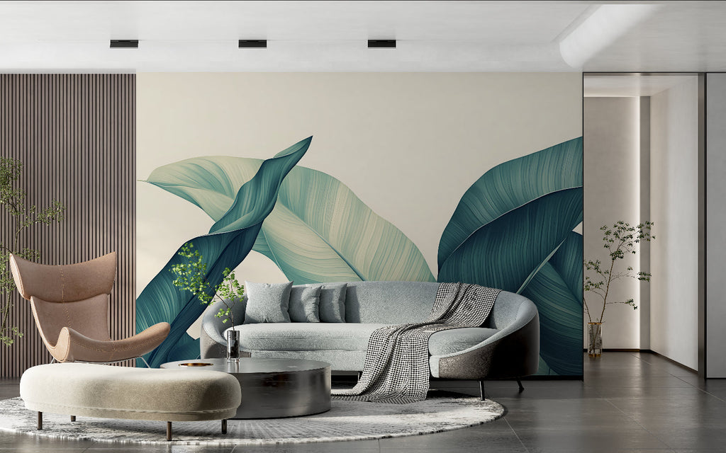 Home office featuring modern tropical leaf wallpaper in soothing teal and cream tones