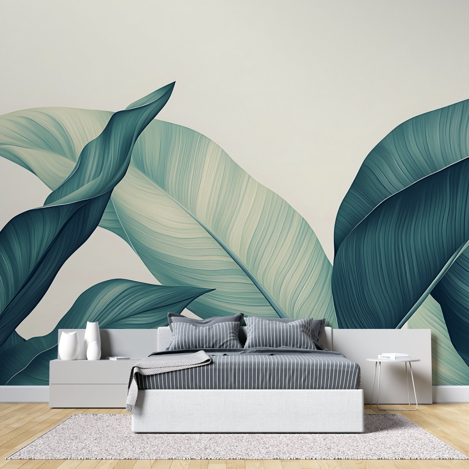 Dining room with botanical wall mural showing large-scale tropical leaves in teal