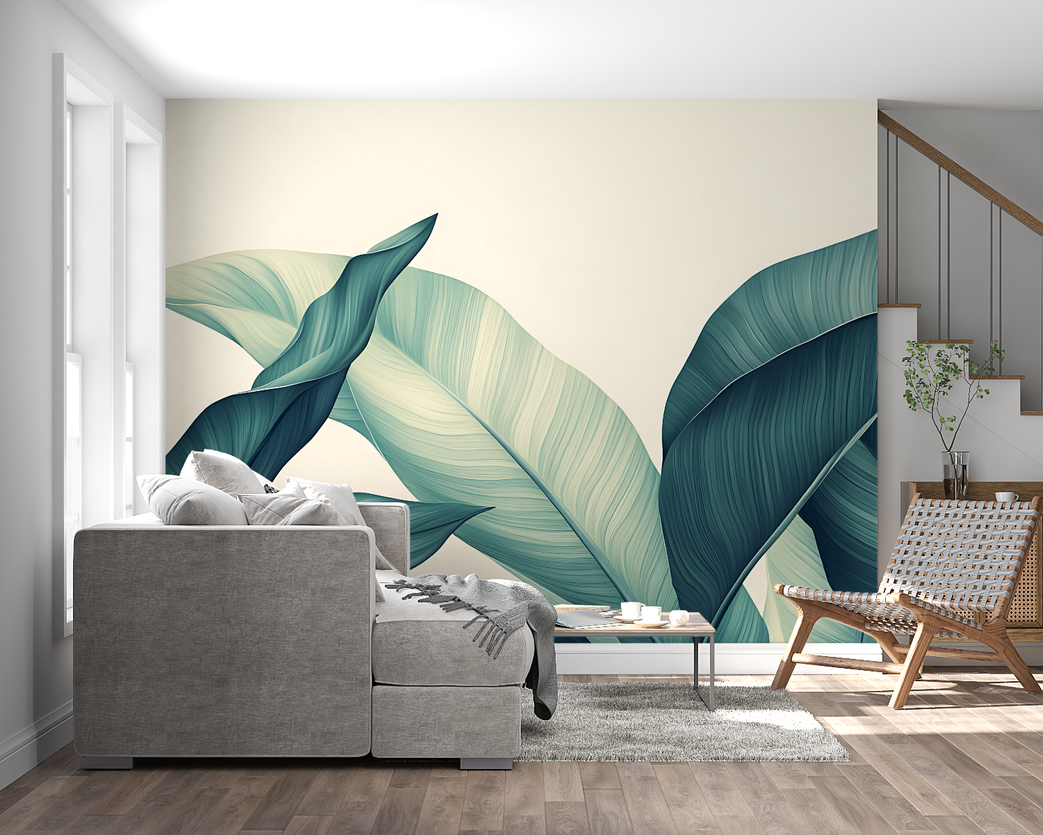 Entryway decorated with teal palm leaf wallpaper creating an inviting tropical feel