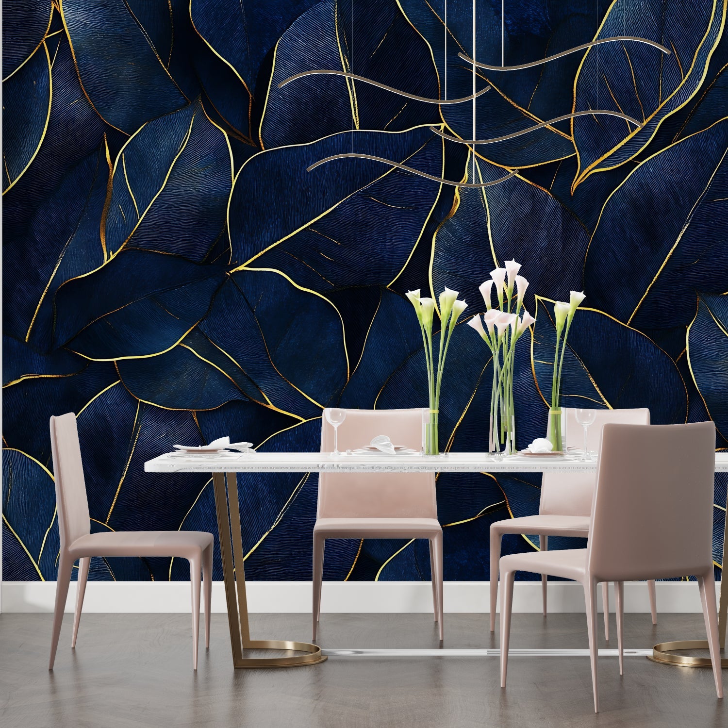 Tropical leaf wall mural with navy and gold design in master bedroom setting