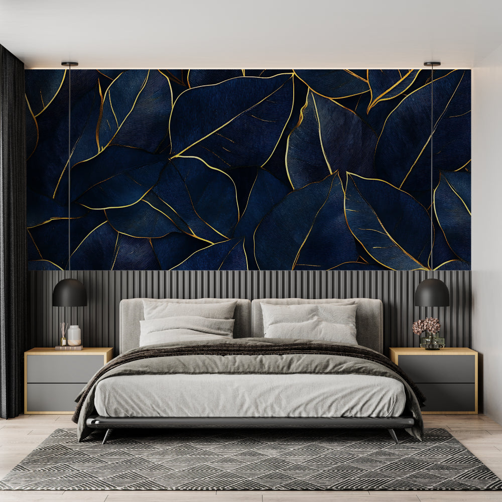 Gold and navy tropical pattern wallpaper featured in luxury hotel lobby