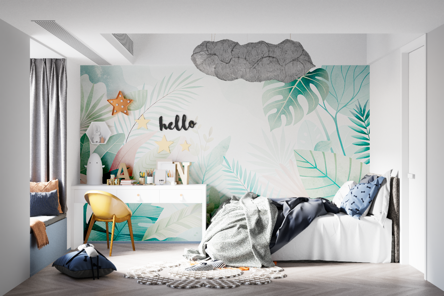 Monstera leaf wallpaper adding a calm feeling to a bedroom with white furniture