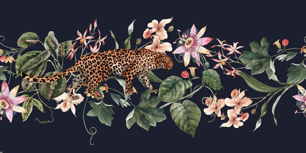 Design file showing detailed leopard pattern with tropical flowers on navy background