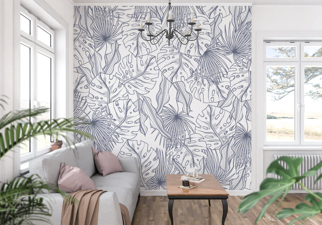 Blue tropical line art wallpaper in modern living room with white sofa and natural light