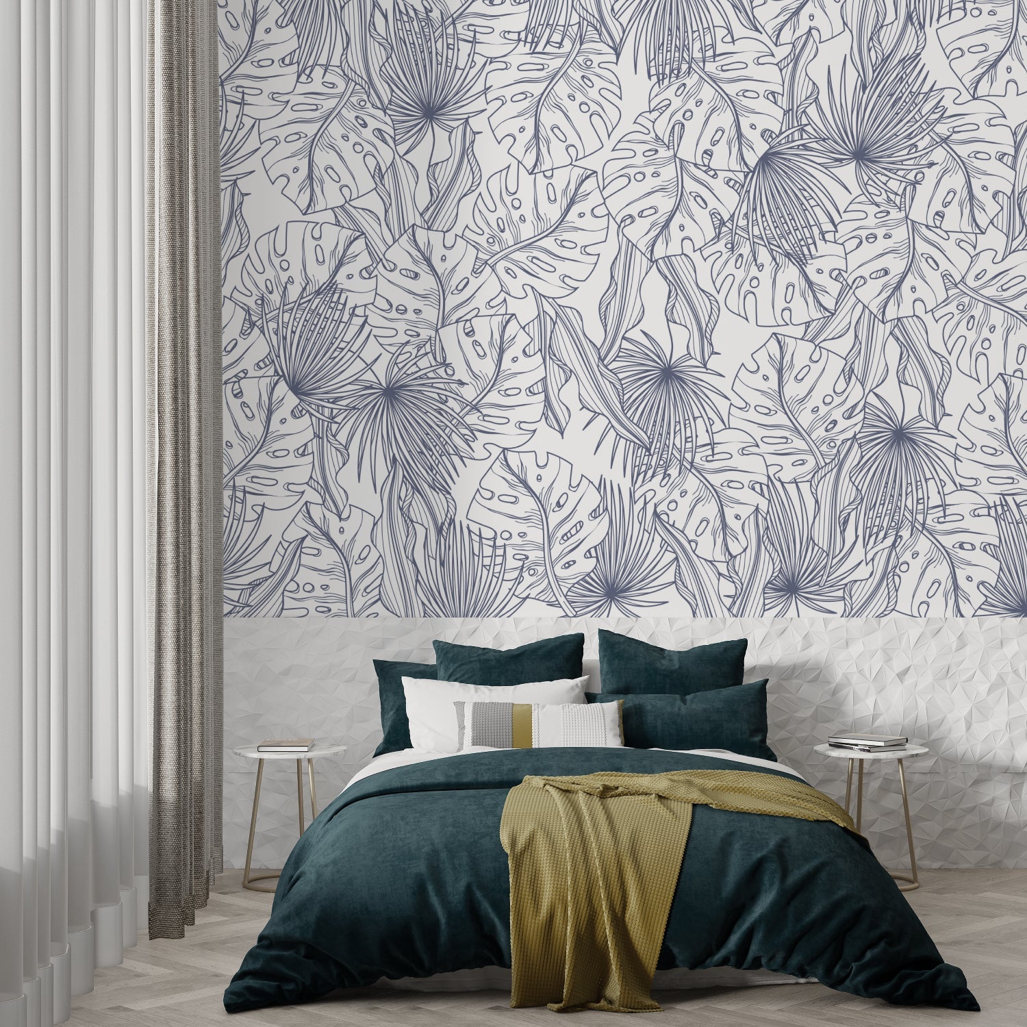 Blue monstera line art wallpaper in bright dining room with contemporary furniture