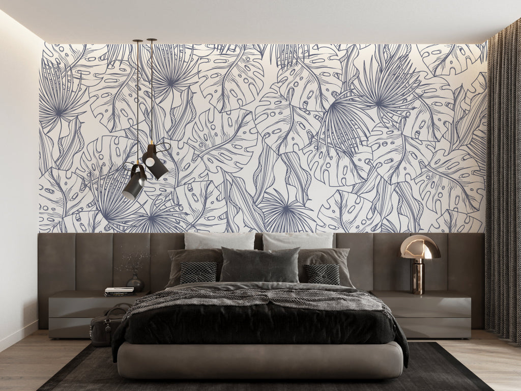 Bathroom featuring blue palm line art wallpaper with modern fixtures