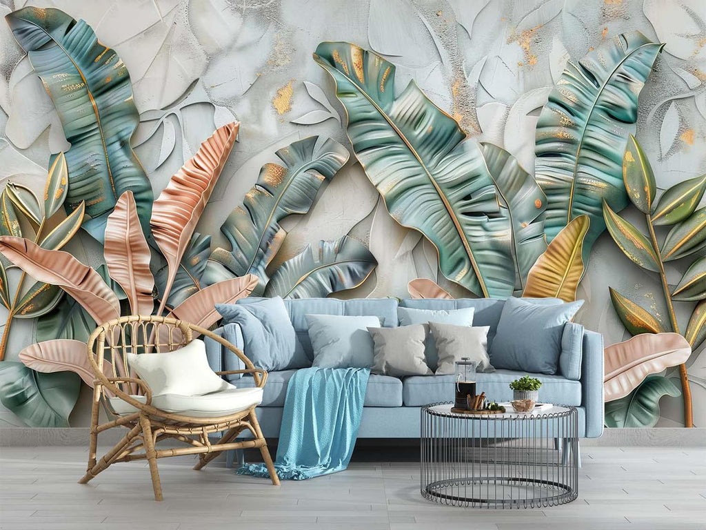 Gold-accented tropical wallpaper bringing elegance to dining room with pendant lighting