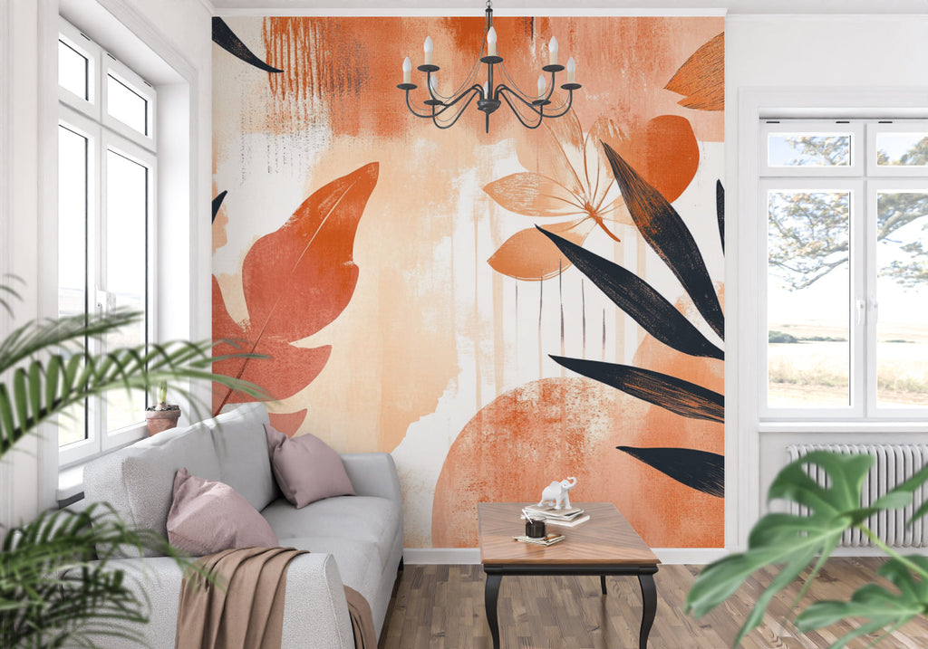 Abstract terracotta leaf mural creating focal point in master bedroom