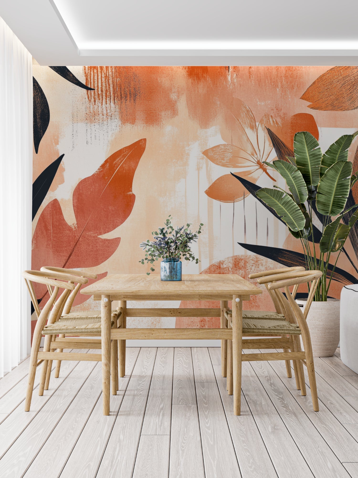 Modern dining room featuring tropical leaf wallpaper in warm terracotta tones