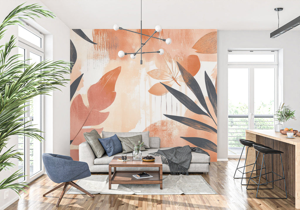 Home office with botanical wall mural showing abstract black and terracotta leaves