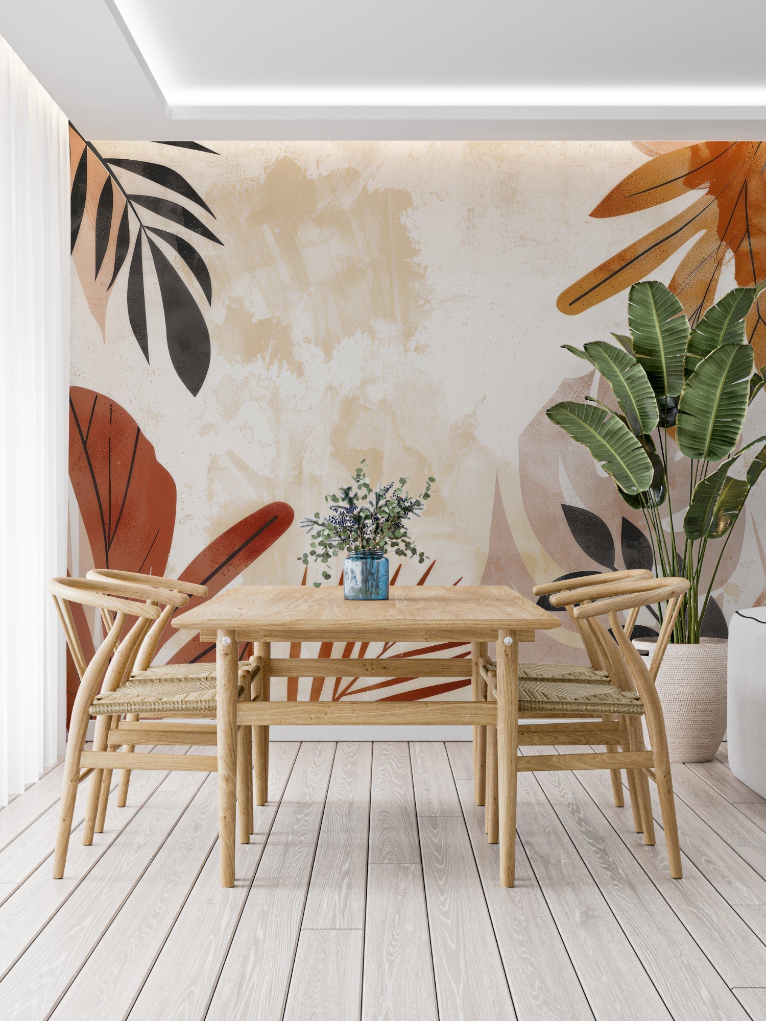 Minimalist entryway with abstract terracotta and black botanical wallpaper
