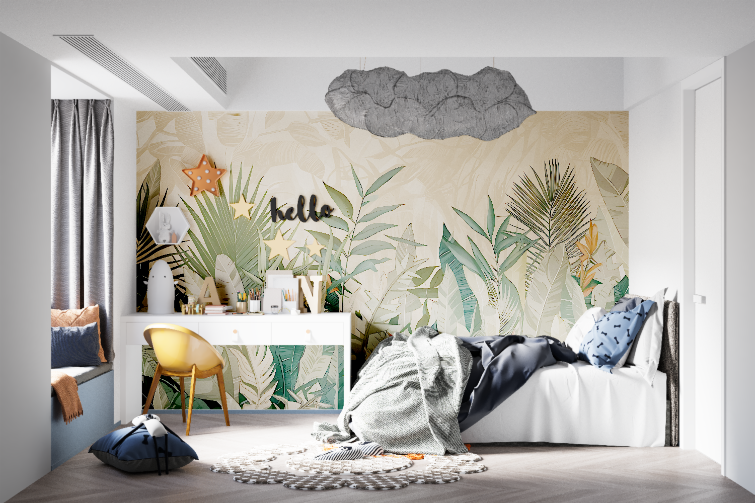 Tropical leaf wallpaper in a bright modern living room, bringing natural calm to the space
