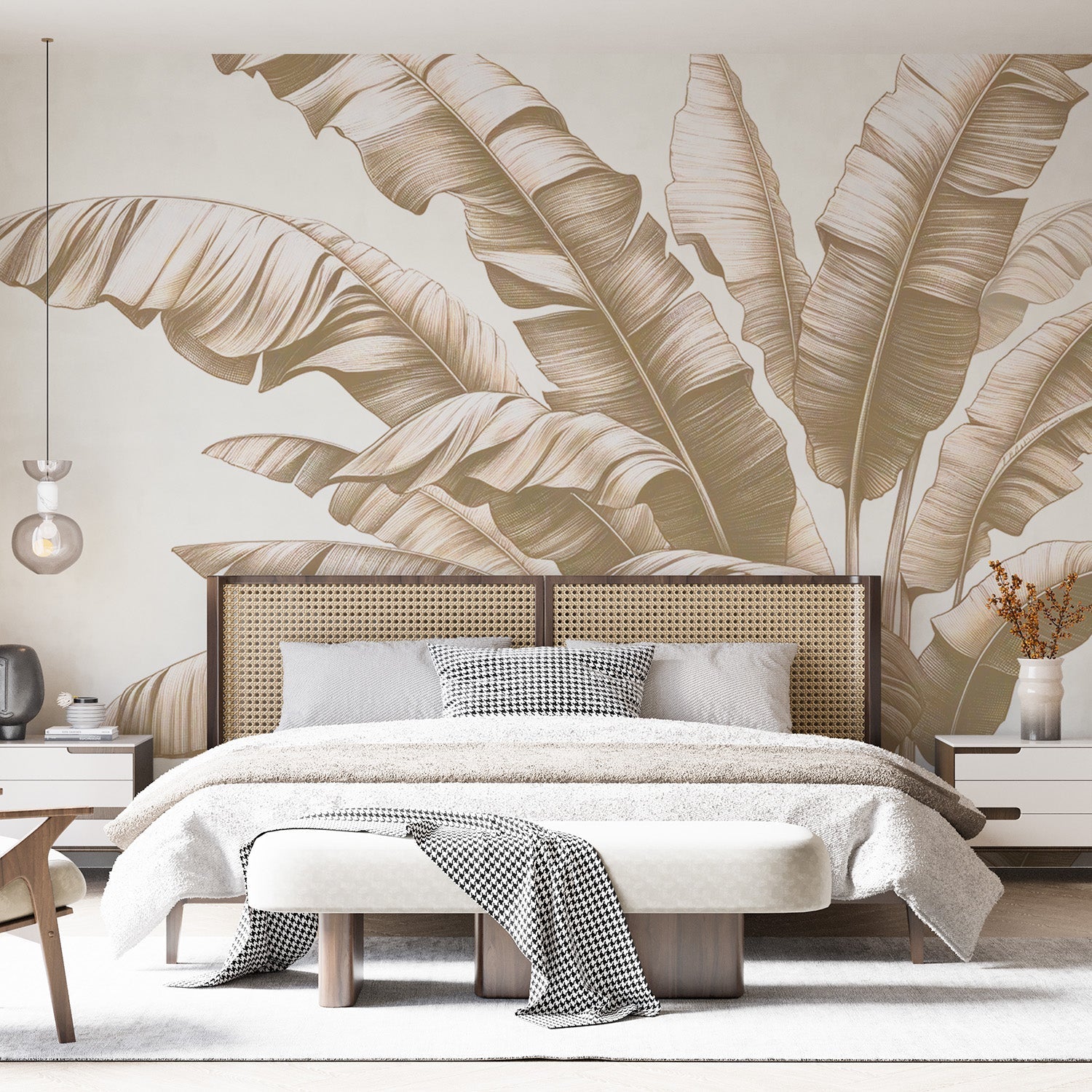 Beige Tropical Leaf Wallpaper bringing calm elegance to a modern living room with natural light and minimal furniture