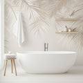 Beige palm leaf wallpaper in a bright modern living room, creating a fresh and airy atmosphere