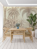Tropical palm tree wallpaper in beige tones creating a calm atmosphere in a modern living room