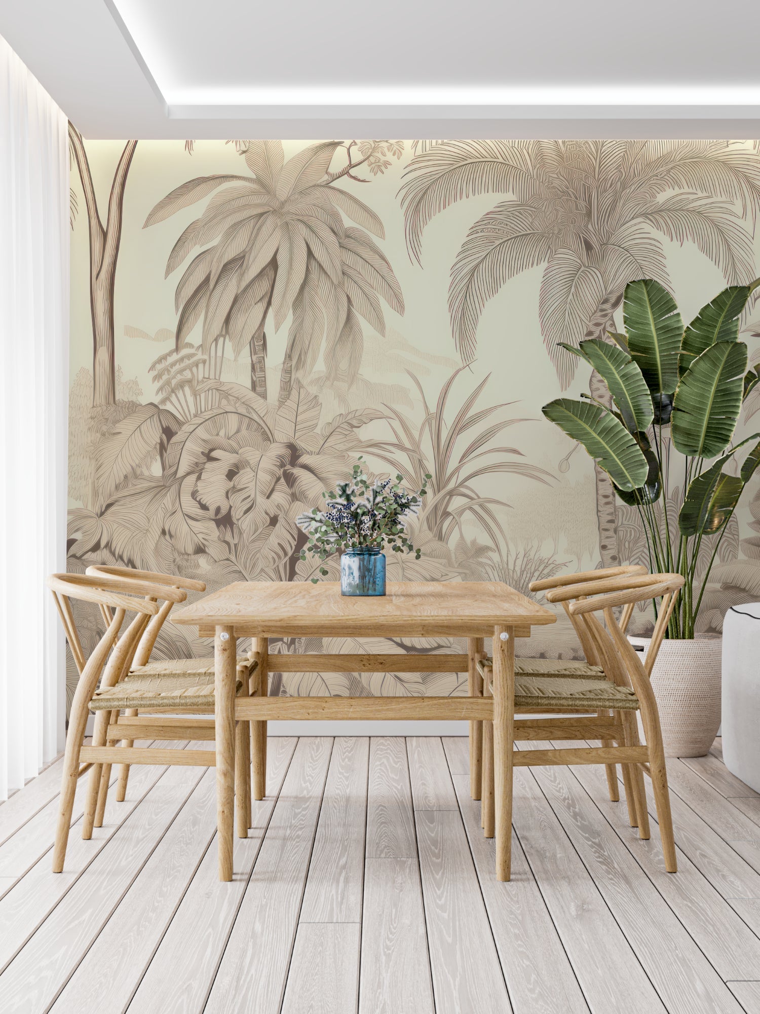Tropical palm tree wallpaper in beige tones creating a calm atmosphere in a modern living room