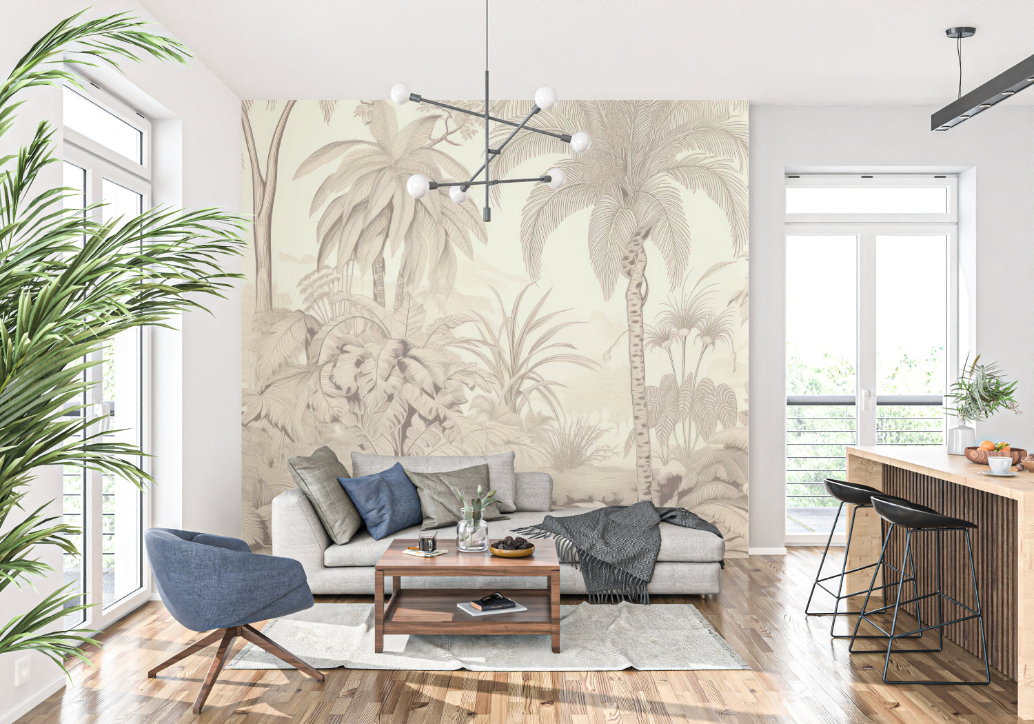 Beige tropical wall mural bringing nature vibes to a minimalist bedroom