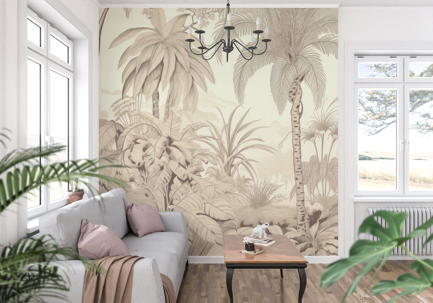 Tropical palm wallpaper in soft beige tones styled in a home office