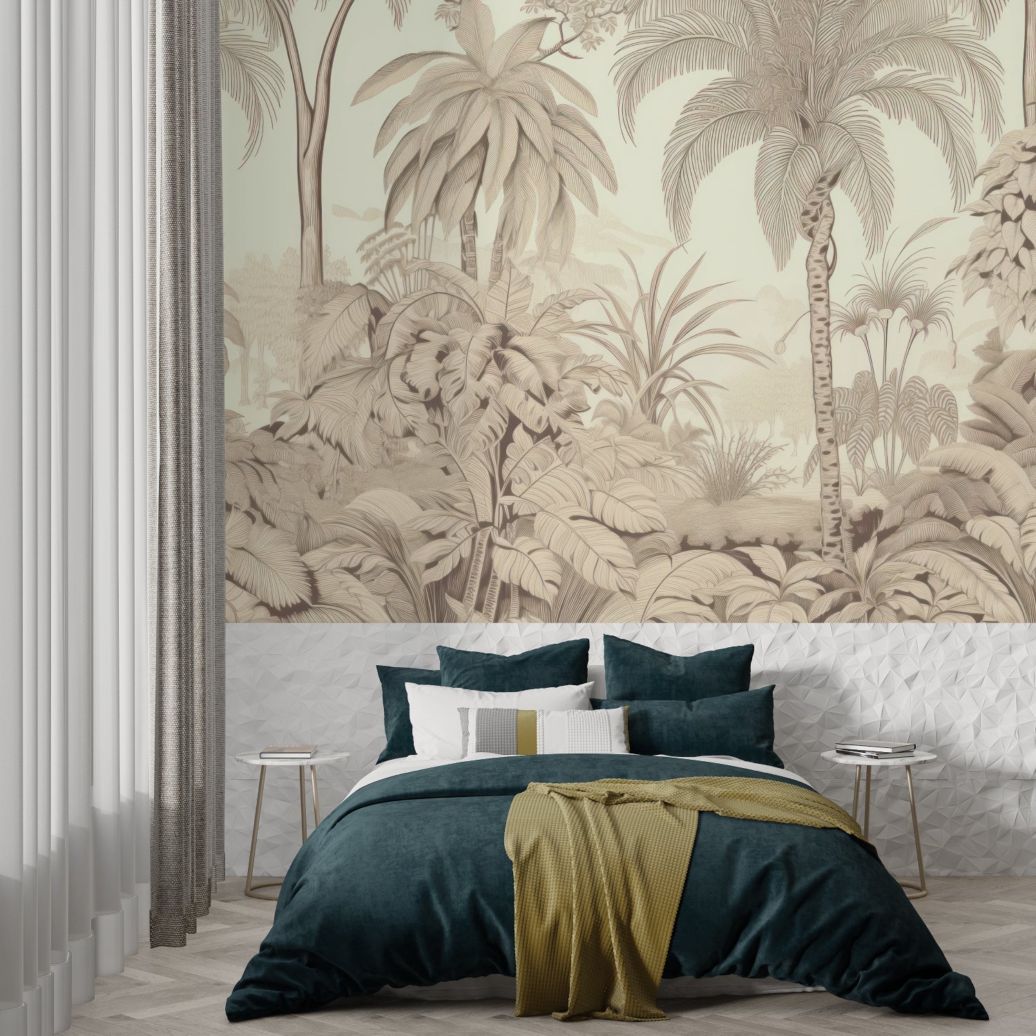 Botanical wall mural creating a spa-like feel in a master bathroom