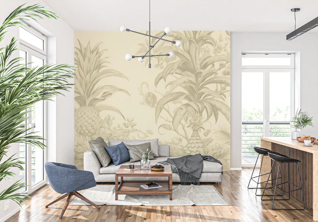 Tropical pineapple wallpaper in elegant dining room showing soft beige toile pattern