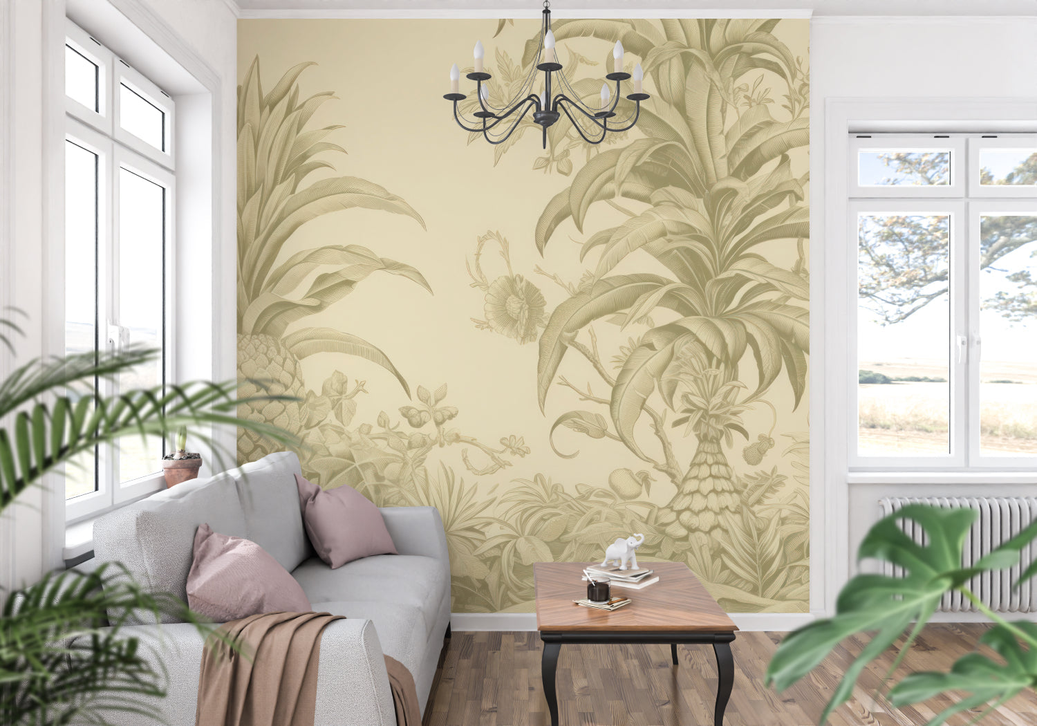 Beige pineapple toile wallpaper creating warm atmosphere in living room