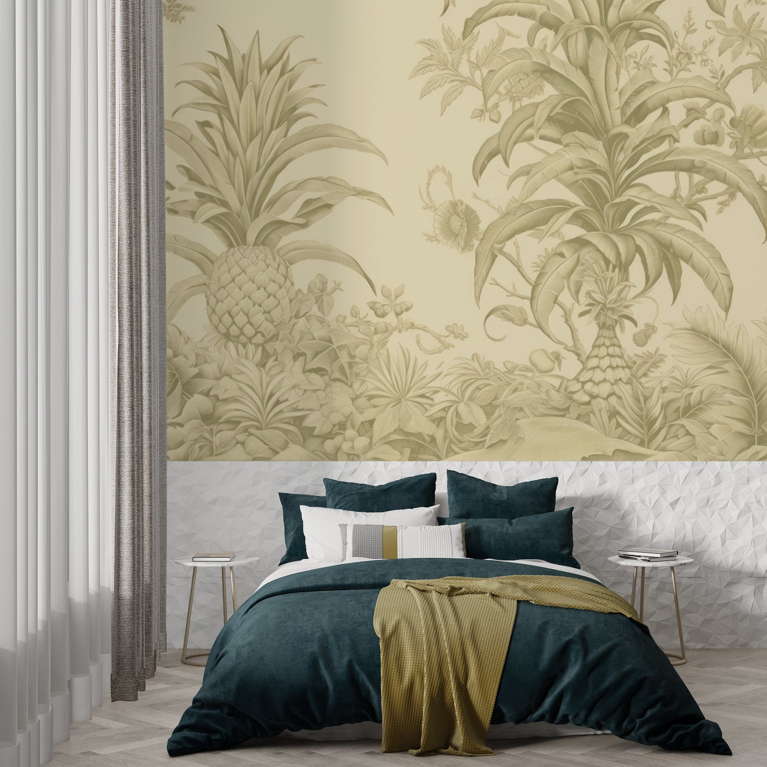 Botanical wallpaper with toile pattern displayed in home office