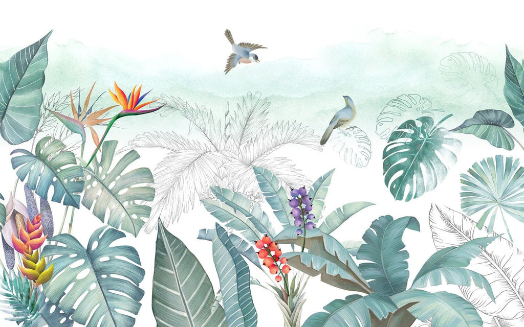 Tropical paradise design file showing detailed monstera leaves and exotic birds pattern