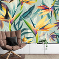 Tropical Birds of Paradise wallpaper in bright modern dining room with natural light streaming through windows