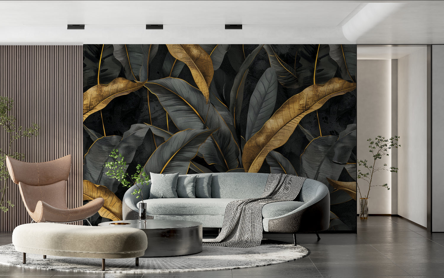 Luxury botanical wallpaper showcased in contemporary living room setting