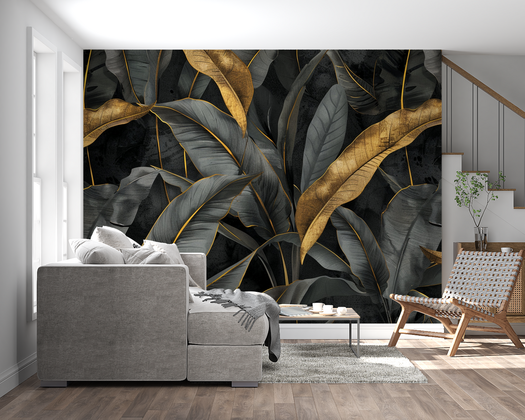 Dark tropical wall mural making statement in home office space