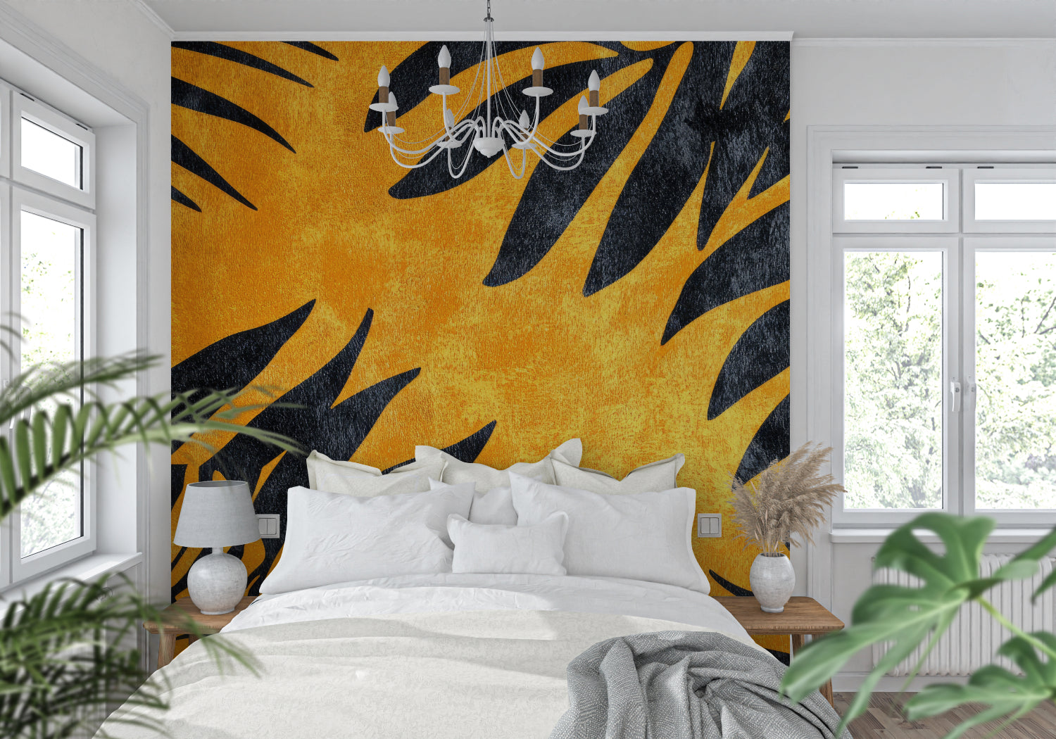 Entrance hall transformed with black and gold palm leaf wallpaper
