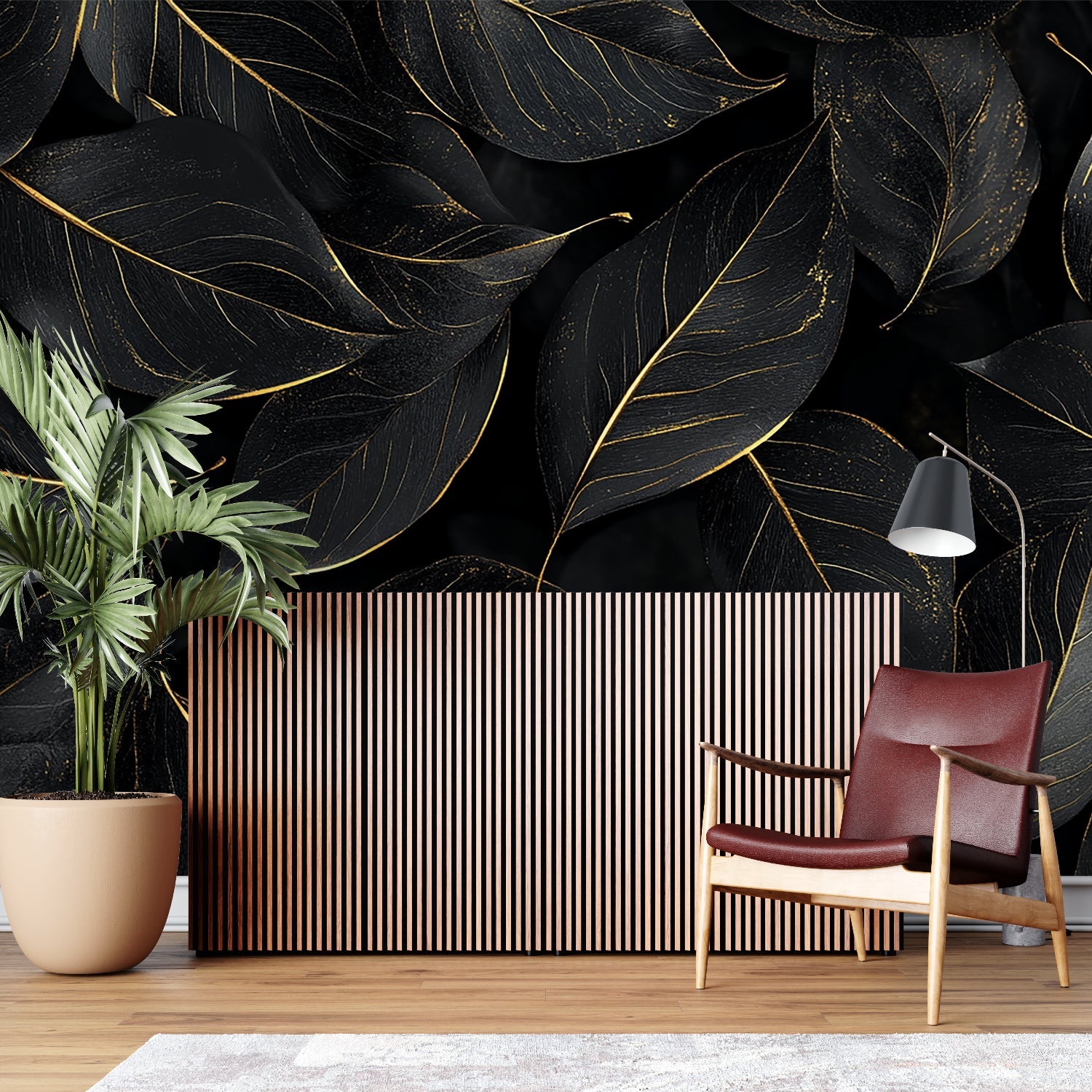 Luxury master bedroom featuring black and gold tropical leaf mural creating elegant atmosphere