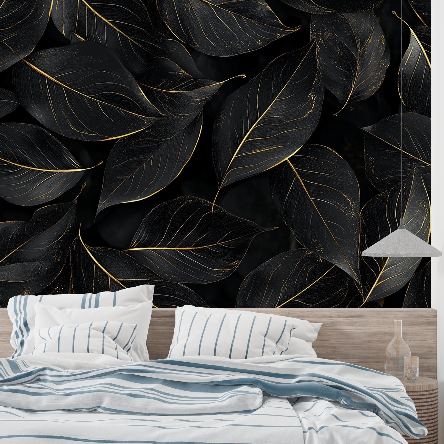 Home office with black and gold botanical wallpaper making sophisticated backdrop