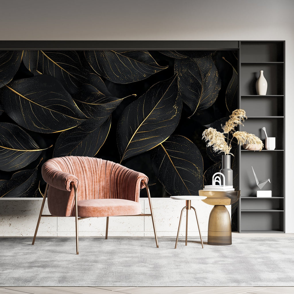 Living room accent wall with gold palm leaf pattern on black background