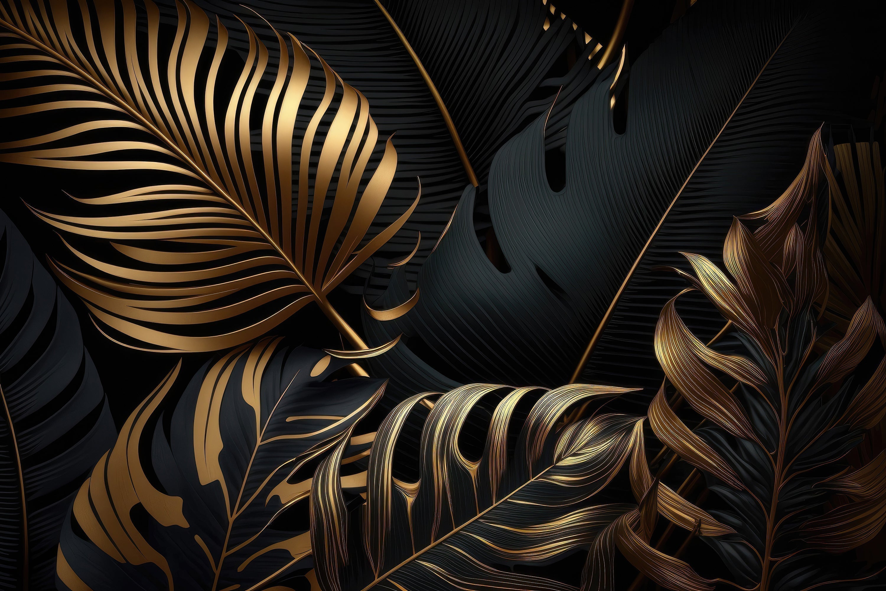 Black and gold tropical leaves wallpaper design file showing intricate palm pattern