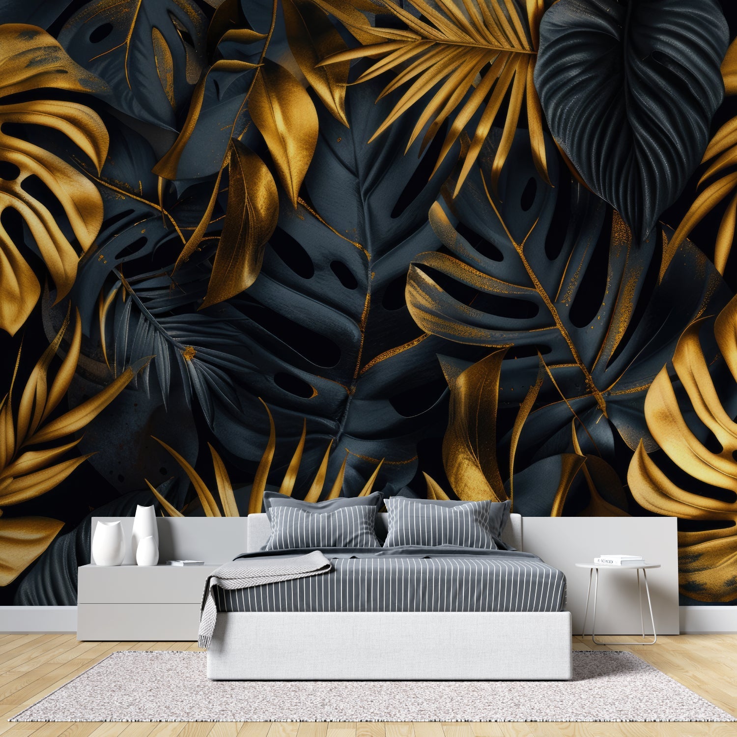 Monstera leaf wallpaper showcased in home office with natural lighting