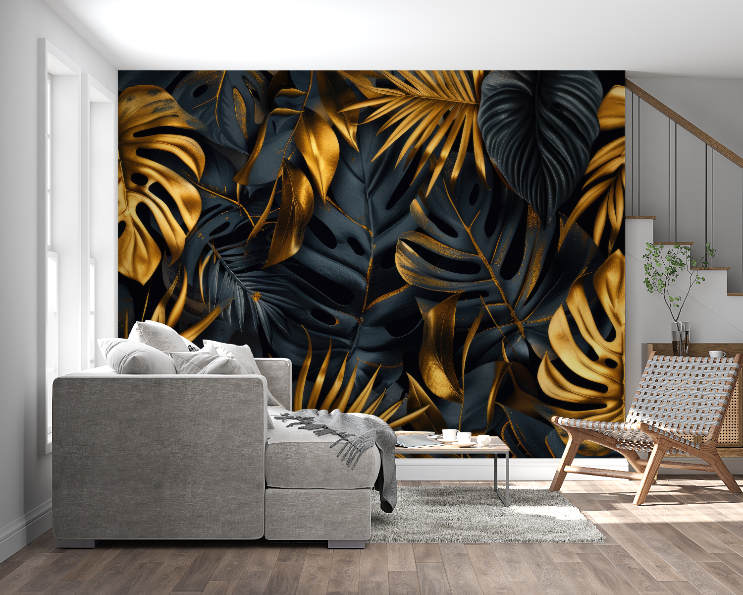 Dramatic black and gold tropical mural in restaurant setting