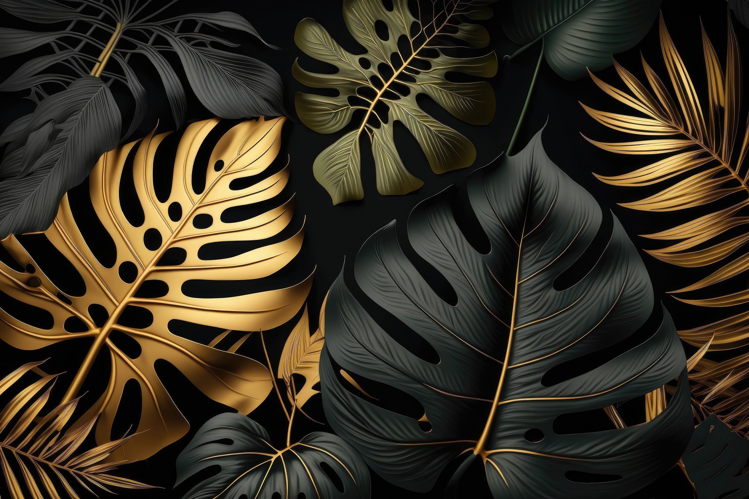 High-resolution design file of black background with detailed gold Monstera leaf pattern