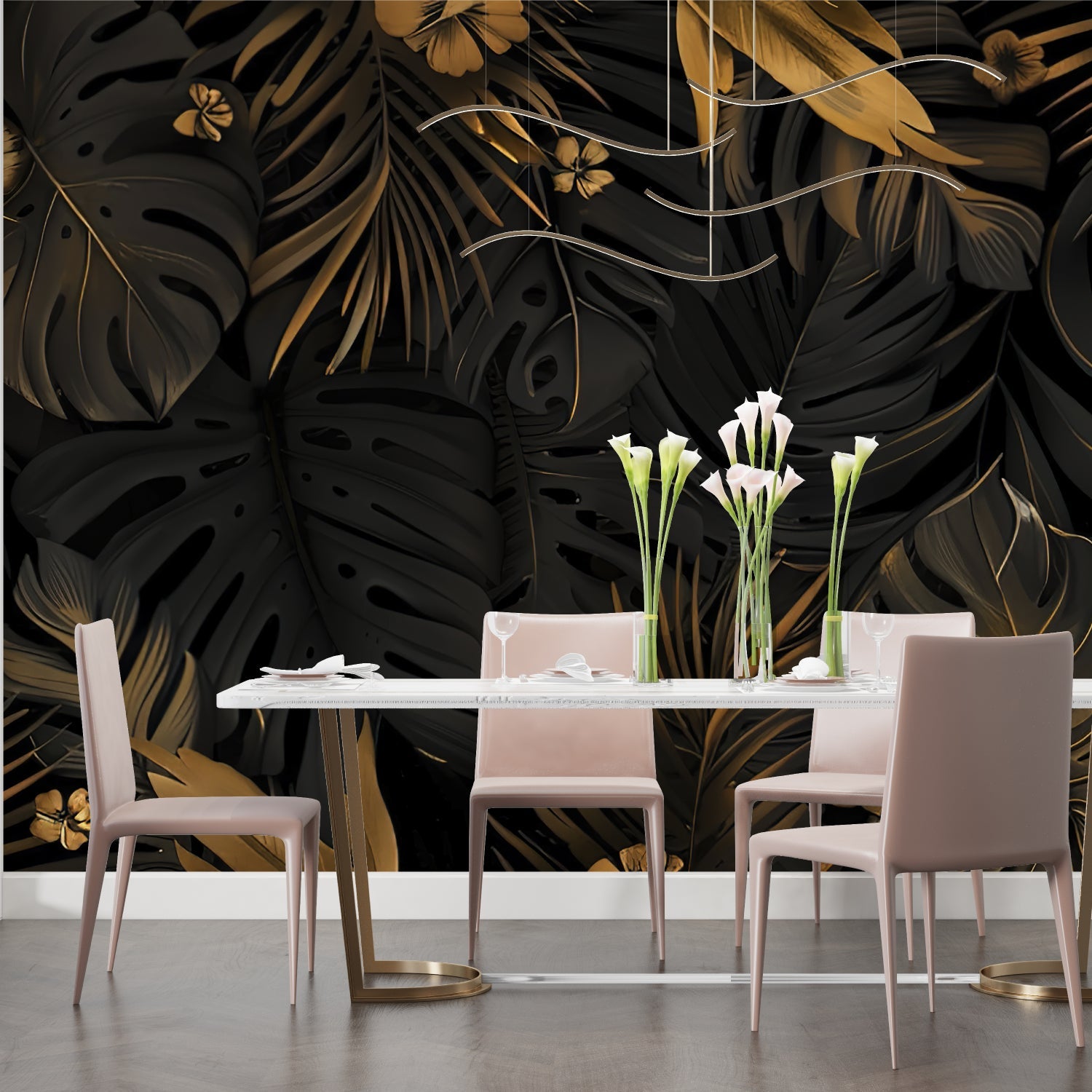 Luxury black and gold leaf wallpaper bringing elegance to a dining room space