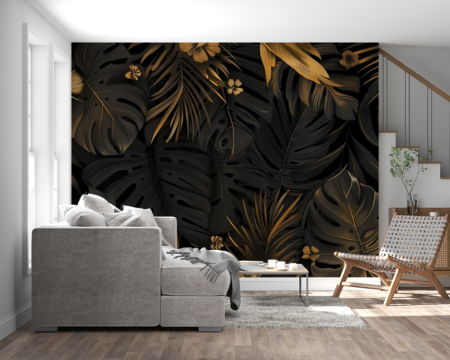 Black and gold botanical wallpaper transforming an entrance hall with dramatic flair