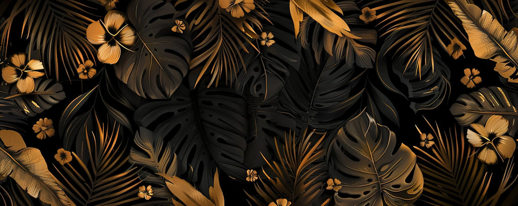 Design file showing detailed black and gold Monstera leaf pattern on dark background