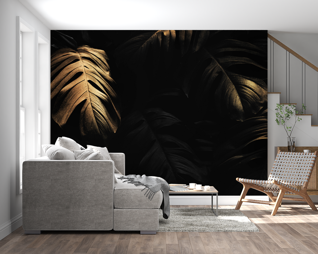 Gold botanical wallpaper brightening dark dining room wall